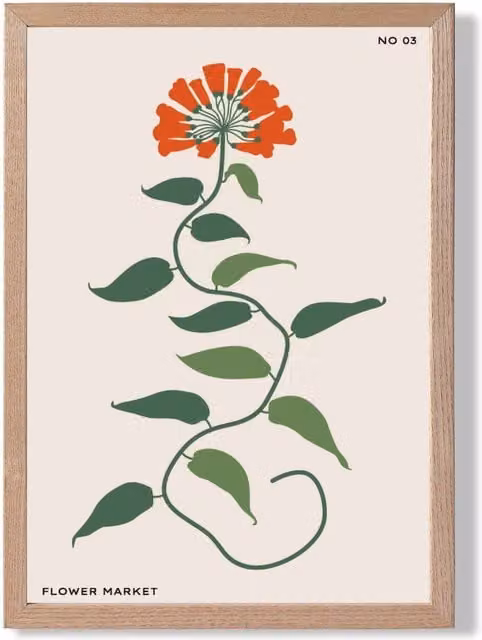 ARTZE Orange and Green Floral Flower Market Minimalist Framed Print with Oak Frame, Size: A3