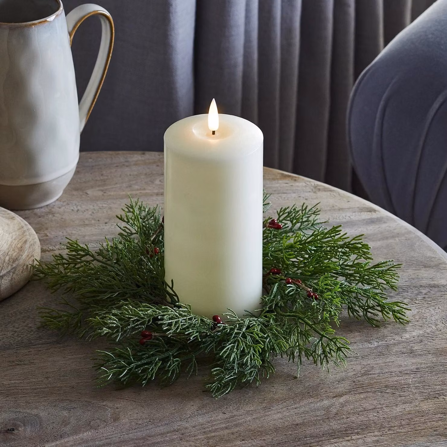 TruGlow® LED Pillar Candle and Red Berry Candle Ring Set with Timer, White and Red