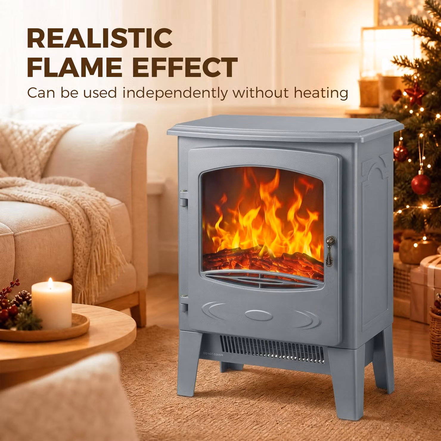HOMCOM Grey Freestanding Electric Fireplace with Realistic Flame Effect and Log Burner, 1000W/2000W – 1