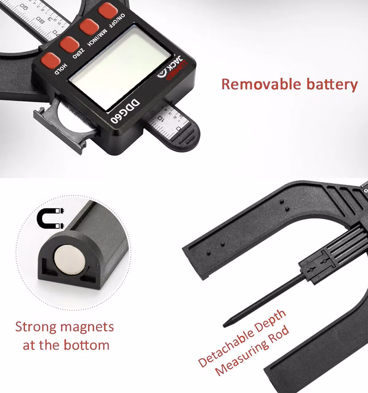 Lumberjack LCD Digital Height and Depth Gauge Electronic Caliper with Magnetic Ruler in Black – 12