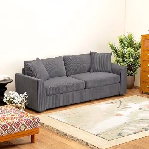 HOMCOM Modern 3 Seater Upholstered Jumbo Cord Sofa in Grey with Scatter Cushions and Metal Frame, Width: 212 cm