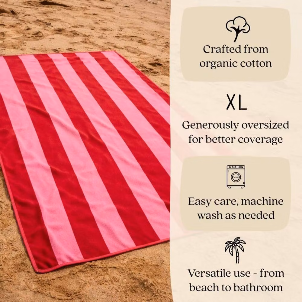 Misona Large Organic Cotton Striped Beach Towel in Red and Pink, W/H: 90 x 180 cm – 3