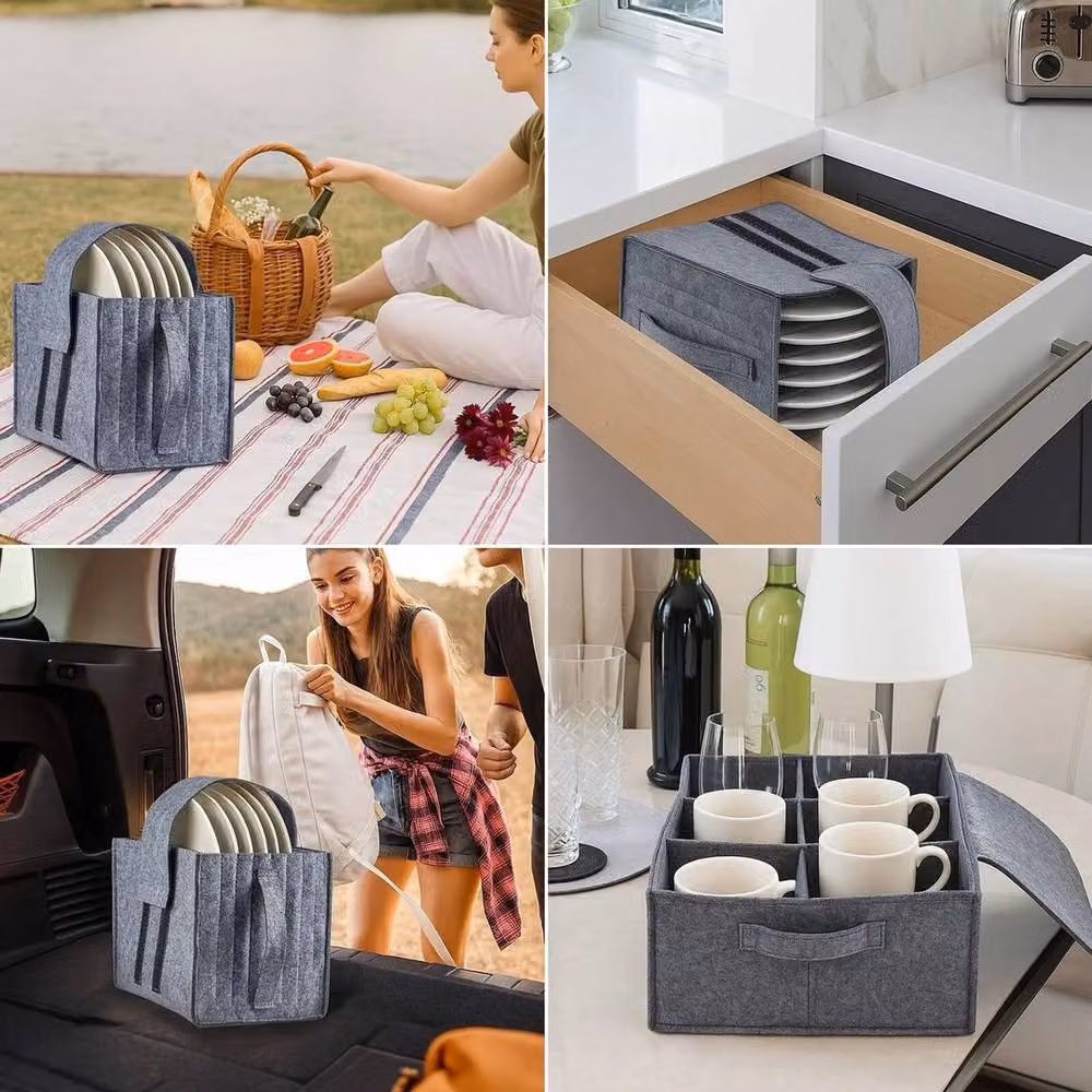 Havendro Grey Felt Camping Dinnerware Bag with Plate and Cup Holders – 6