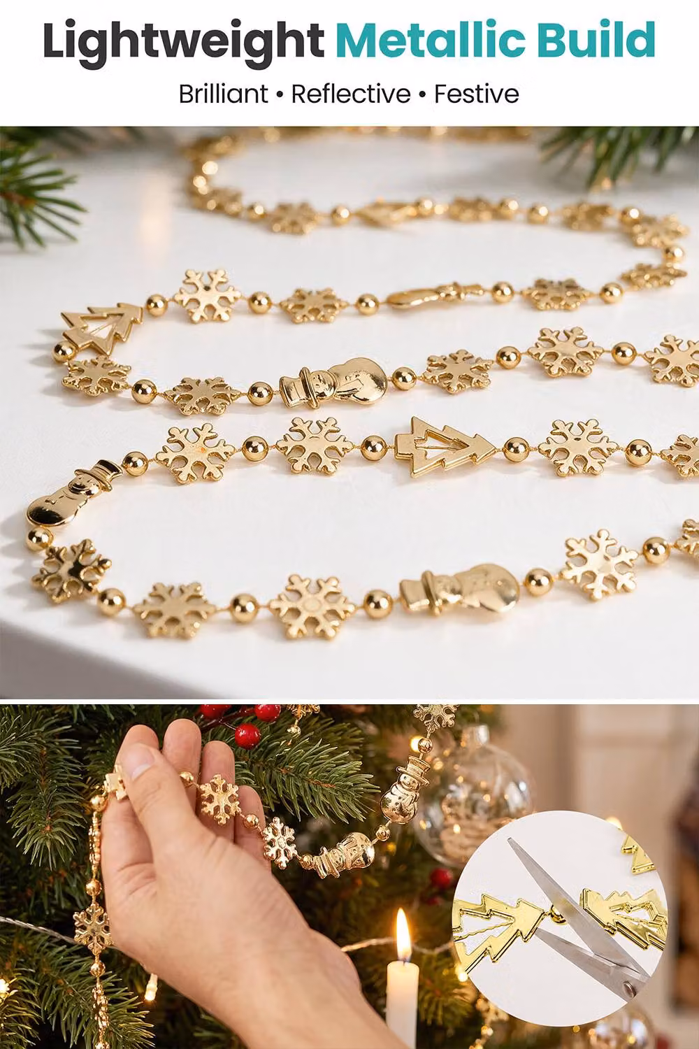 Neel Blue Christmas Bead Chain Garland with Gold Beads and Snowflake Motifs – 4