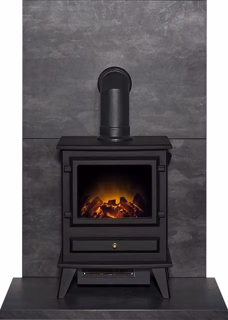 Acantha Fires & Fireplaces Tile and Hearth Set in Black Slate Venetian Plaster Effect with Hudson Stove and Angled Pipe – 1
