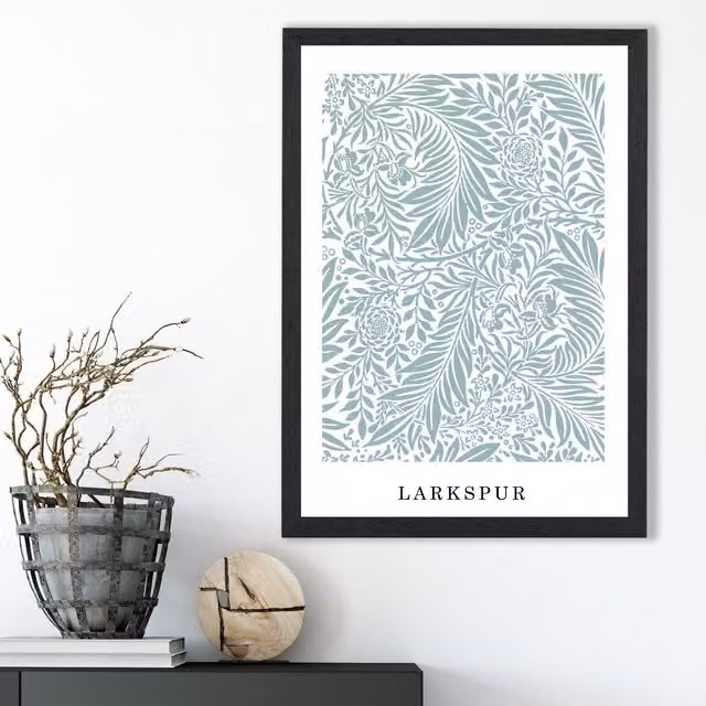 ARTZE Vintage William Morris Larkspur Floral Art Print in Mint and White with Black Frame – 1