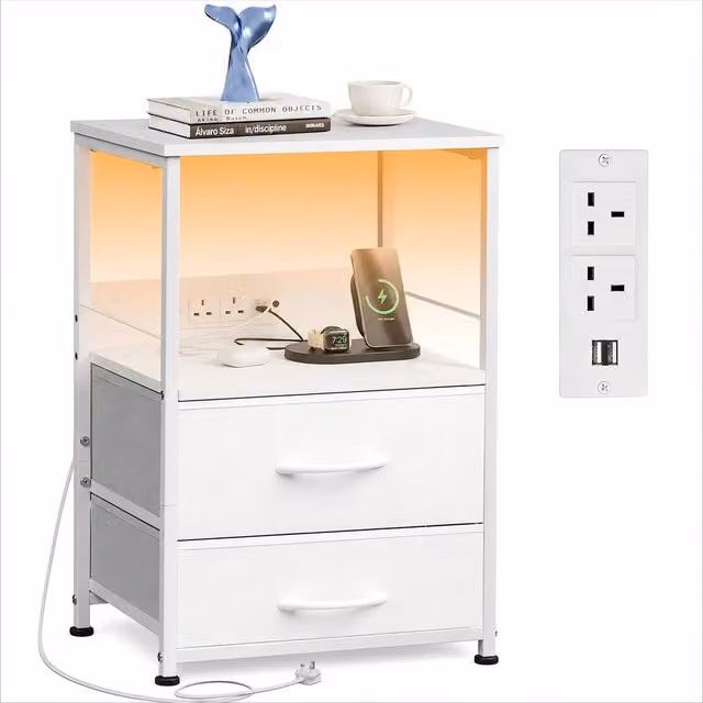 Rolipo LED Bedside Cabinet with Drawers and Charging Station in White