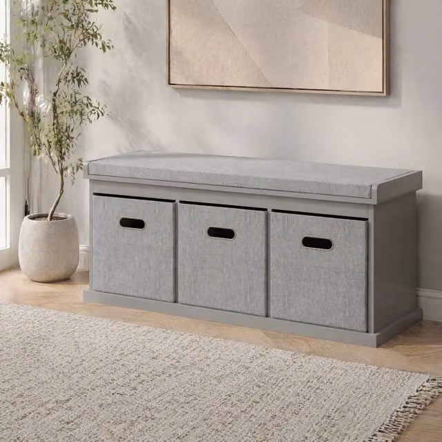 STILVORA Shoe Storage Bench with 3 Drawers and Padded Fabric Seat in Grey – 1