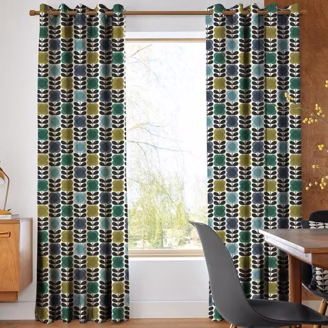 Orla Kiely Spot Flower Stem Made to Measure Blackout Eyelet Curtains in Blue, Green and Multicolour Cotton Fabric
