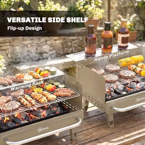 Outsunny Portable Charcoal Tabletop BBQ Grill with Warming Rack and Stainless Steel Grates, Beige – 6