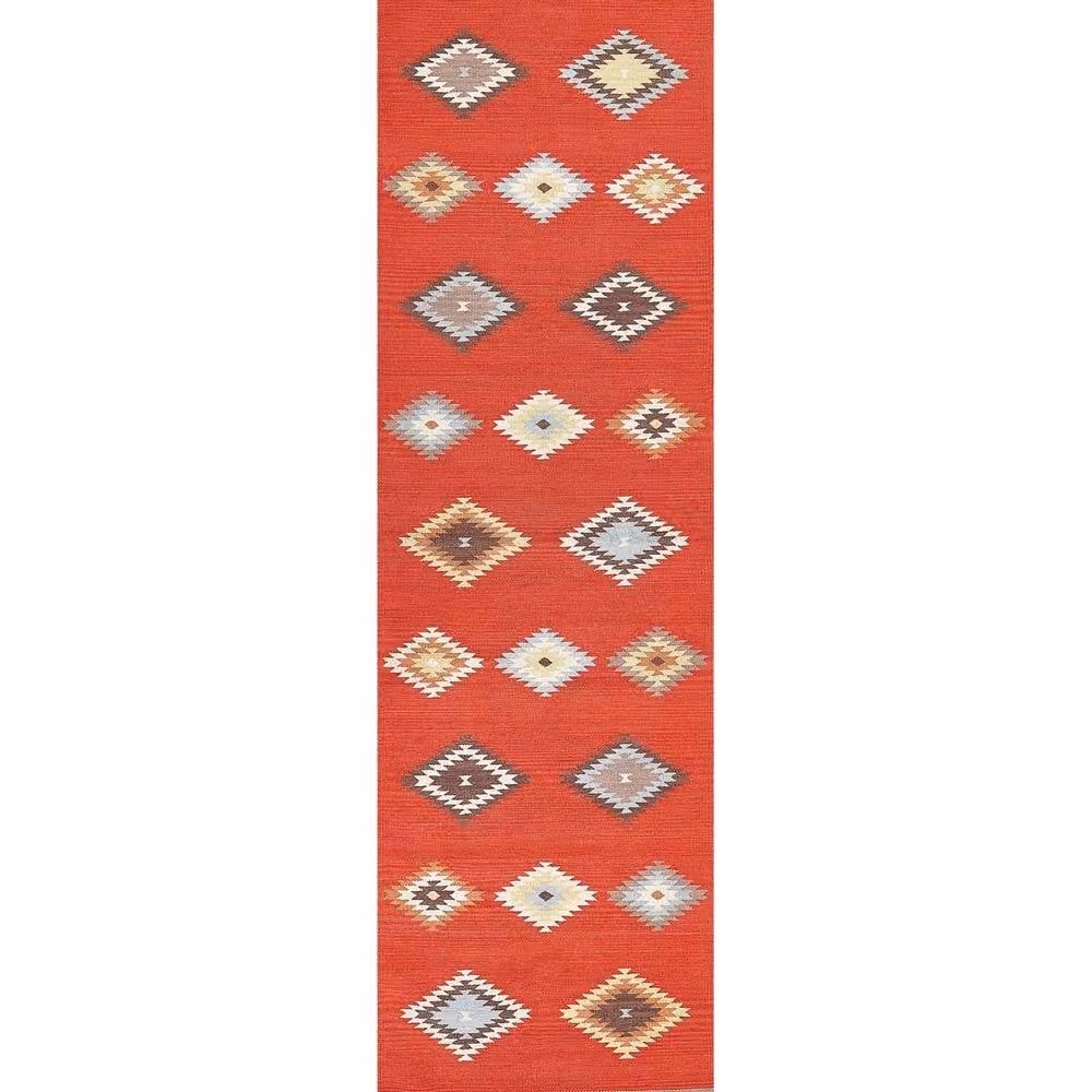 Wyld and Coco Multicolour Kilim Handwoven Cotton Runner Rug with Geometric Design, W/D: 80 x 300 cm