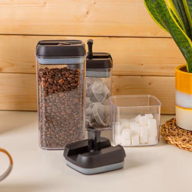 Argon Tableware 3 Piece Stackable Plastic Food Storage Container Set with Clip Lock, Black and Transparent