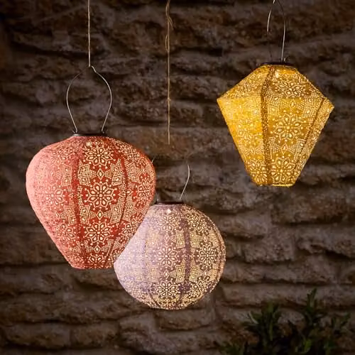 Lights4fun Set of 3 Multicolour Moroccan Solar Powered LED Hanging Lanterns for Garden and Patio, IP44 Waterproof