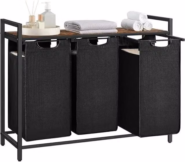 NESTLUNE 3 Compartment Laundry Hamper Basket with Removable Bags in Black