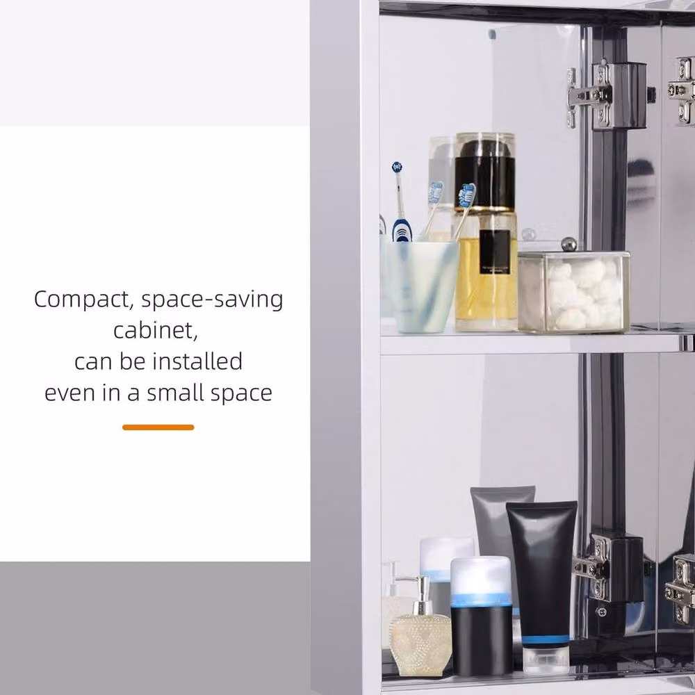 PAWNORA Silver Modern Wall Mounted Bathroom Mirror Storage Cabinet with Glass Doors and Internal Shelves – 4