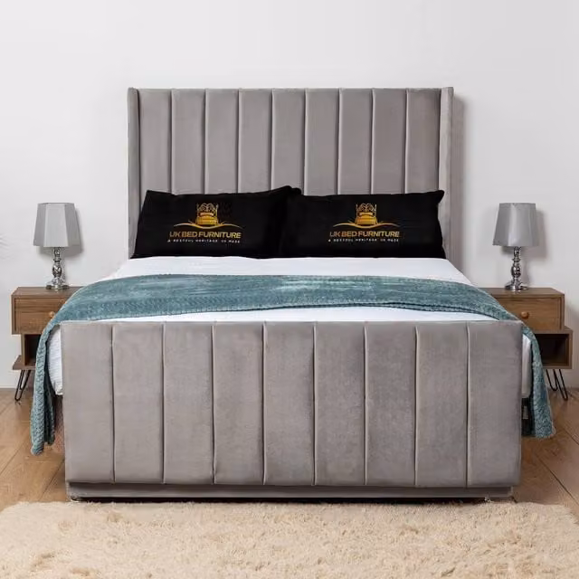 UK Bed Furniture Seoul Wingback Divan Bed Base with 54 Inch Headboard in Grey Velvet, Size: 180 x 200 cm