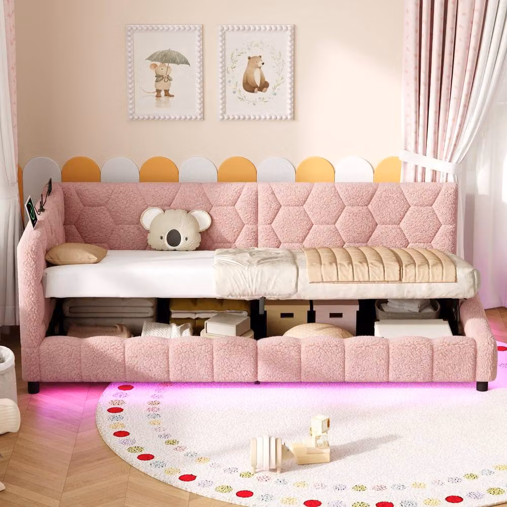 Matteo Pink Boucle 3ft Single Hydraulic Storage Bed with Smart RGB LED Lights and USB Charging Port W/D/H: 90 x 190 cm – 2