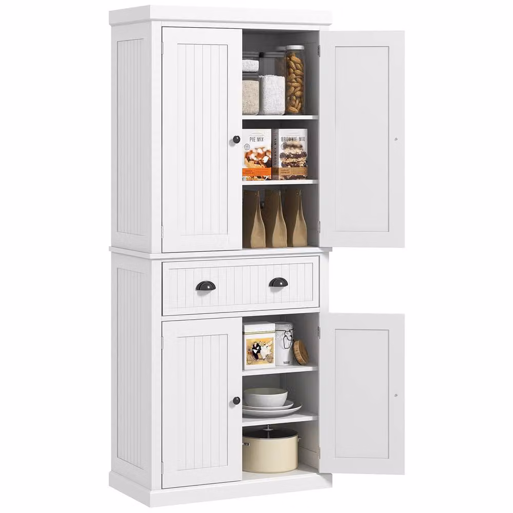HOMCOM Freestanding White Kitchen Storage Tall Unit with Drawers, Shelves and Hinged Doors – 2