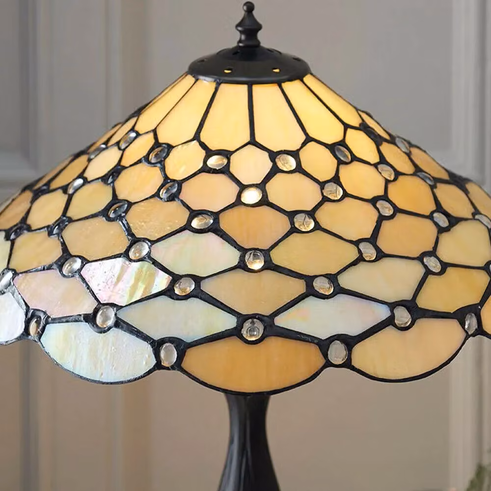 Loops Tiffany Glass Table Lamp in Bronze and Rich Cream with Geometric Shade – 2
