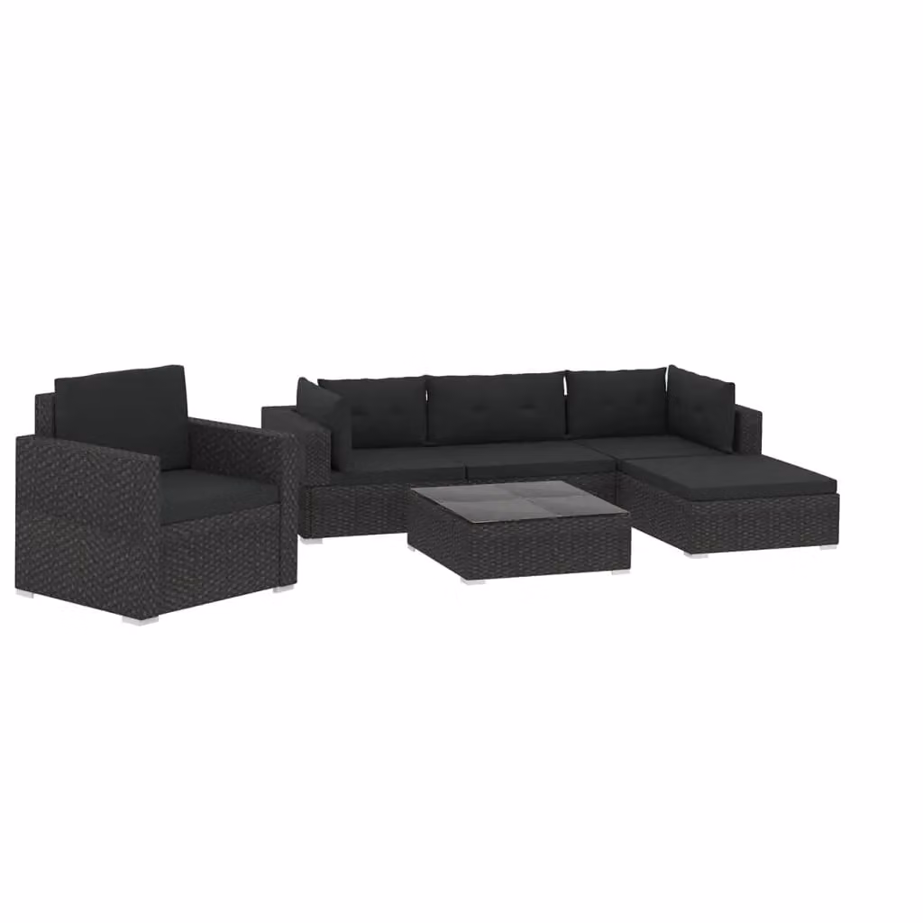 Berkfield Home 6 Piece Black Poly Rattan Garden Lounge Set with Cushions and Ottoman – 2
