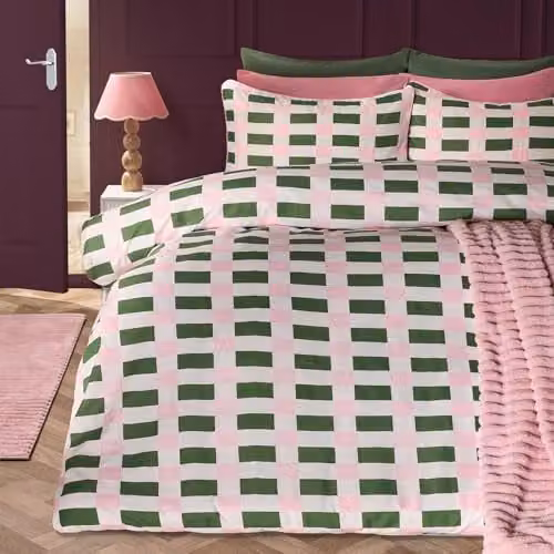 OHS King Size Checkerboard Microfibre Duvet Cover and Pillowcase Set in Green and Pink, W/D/H: 220 x 220 x 180 cm – 1