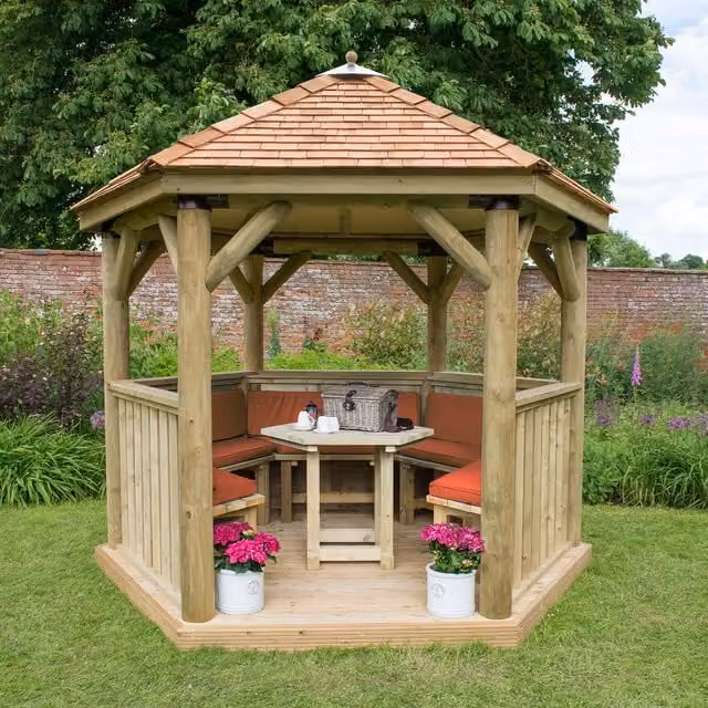 Forest Hexagonal Garden Gazebo in Red and Green with Pine and Steel Construction, 3 m Diameter