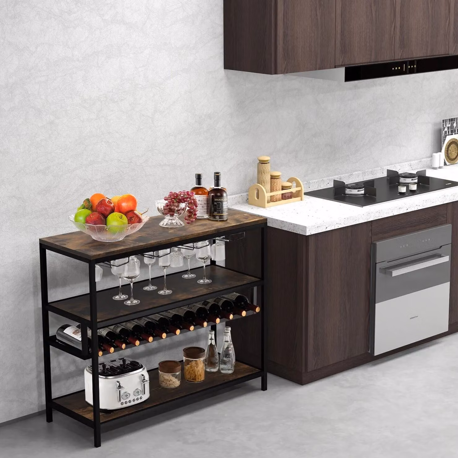 Costway Industrial Bar Cabinet in Brown with Wine Rack and 4 Rows of Glass Holders – 4