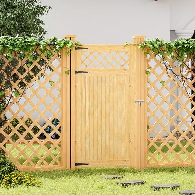 Livingandhome Rhombus Wood Garden Single Gate in Natural Brown, W: 90 cm, H: 180 cm