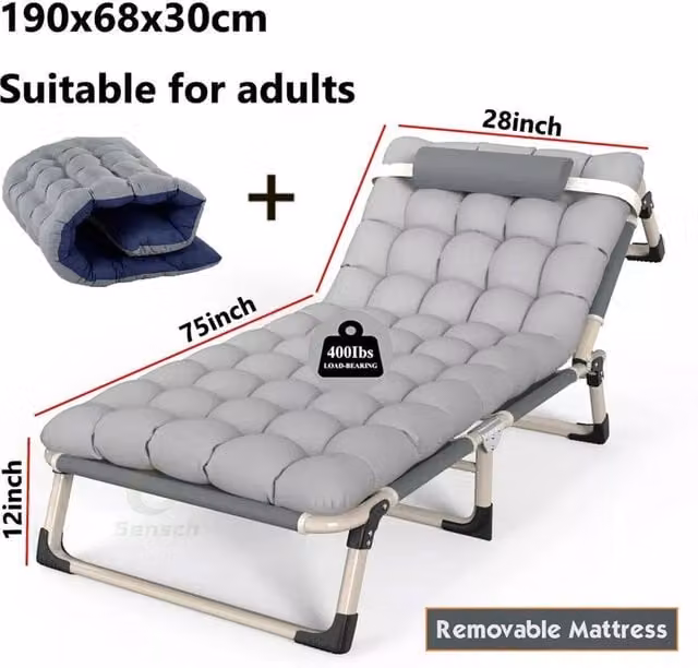 NESTLUNE Folding Sun Lounger Recliner Chair in Grey with Adjustable Headrest