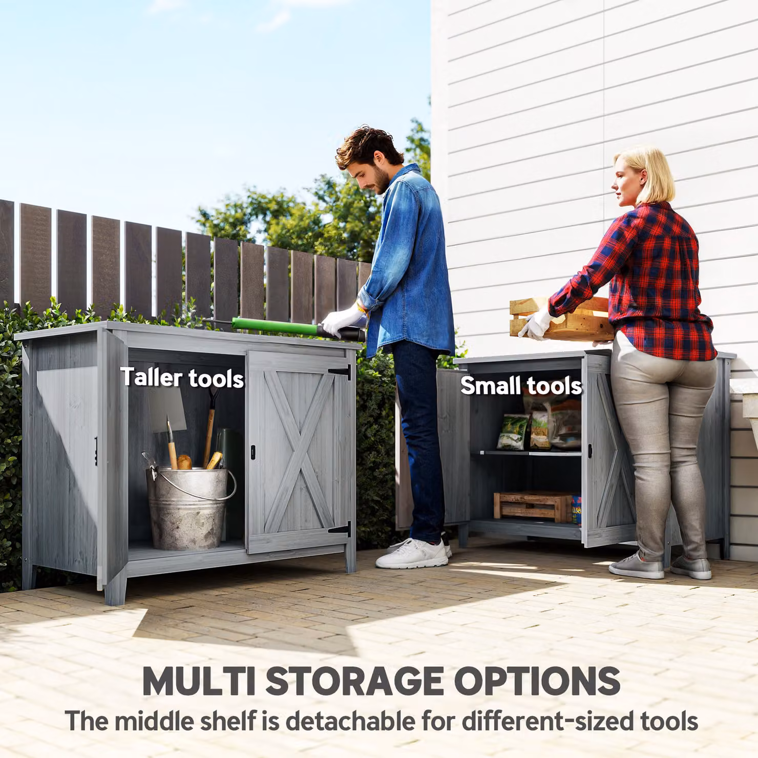 Outsunny Grey Wooden Garden Storage Shed with Shelving and Double Doors, W/D/H: 110.0 x 58.0 x 88.5 cm – 3
