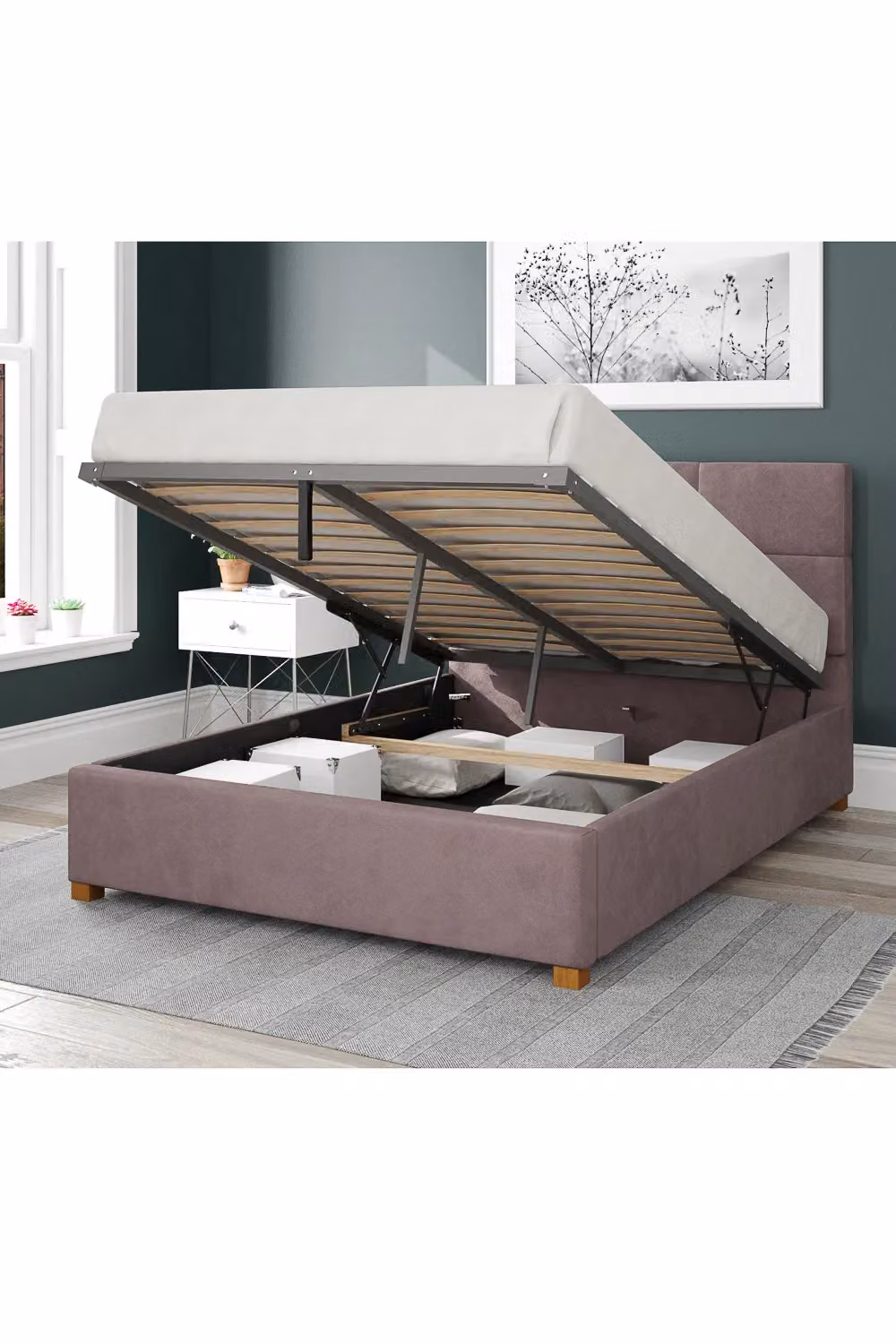 Aspire Caine Upholstered Ottoman Storage Bed in Pink Velvet Fabric, W/D/H: 140 x 200 cm – 2