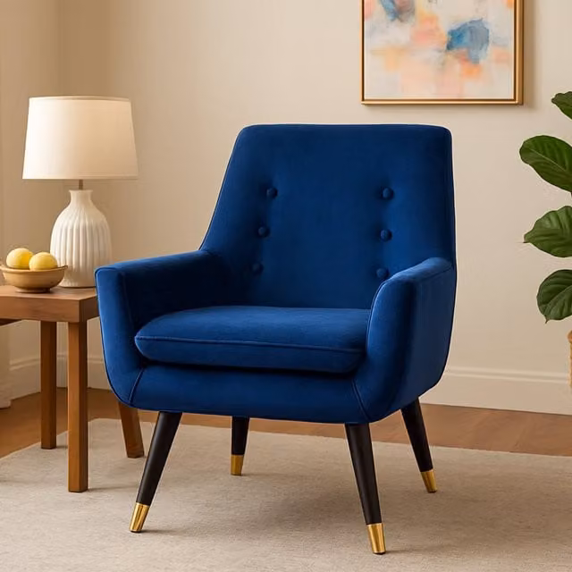 Orsina Mid-Century Blue Velvet Tub Armchair with Wooden Legs – 1