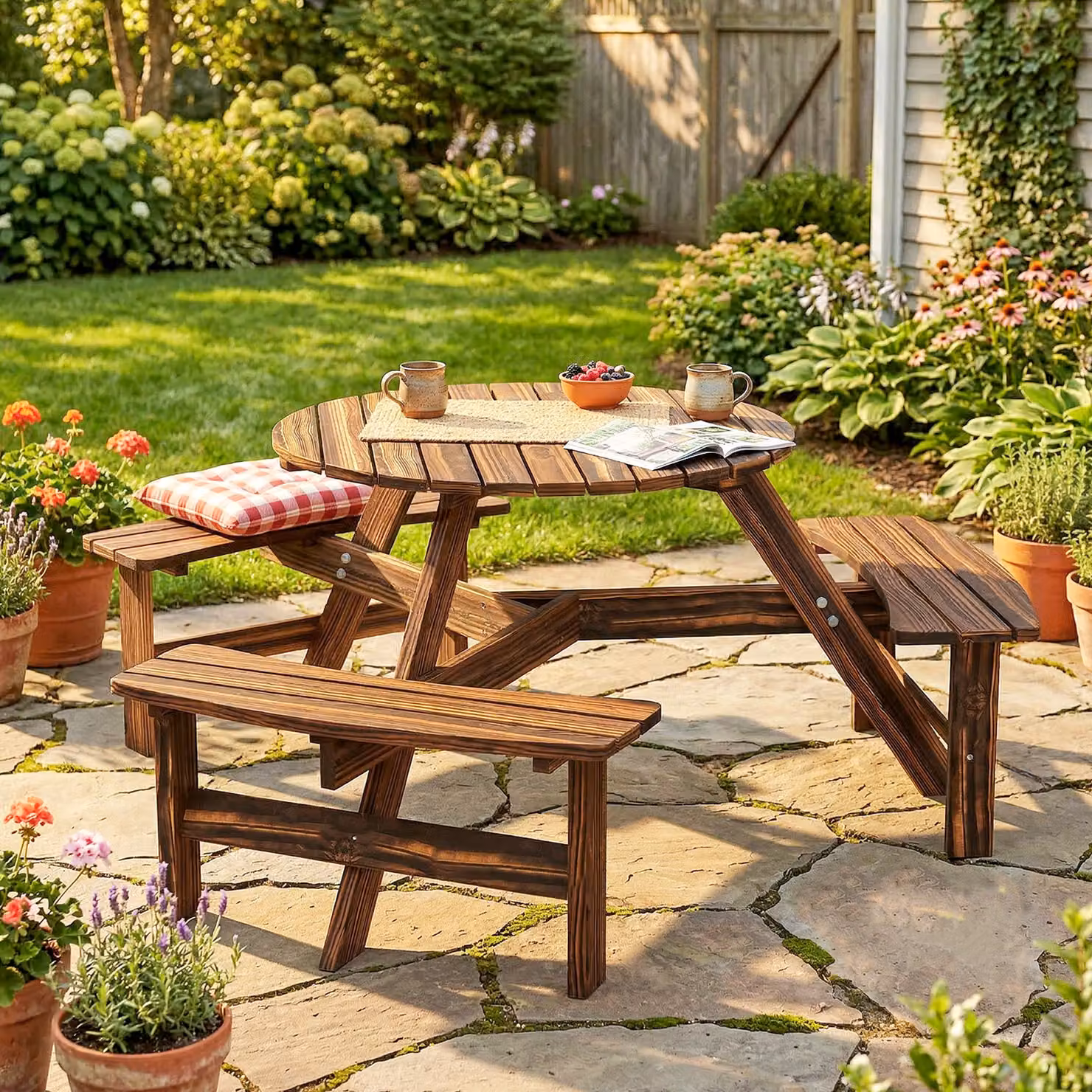 Outsunny 6 Seater Round Wooden Garden Dining Set in Brown with Matching Benches and Parasol Hole – 9