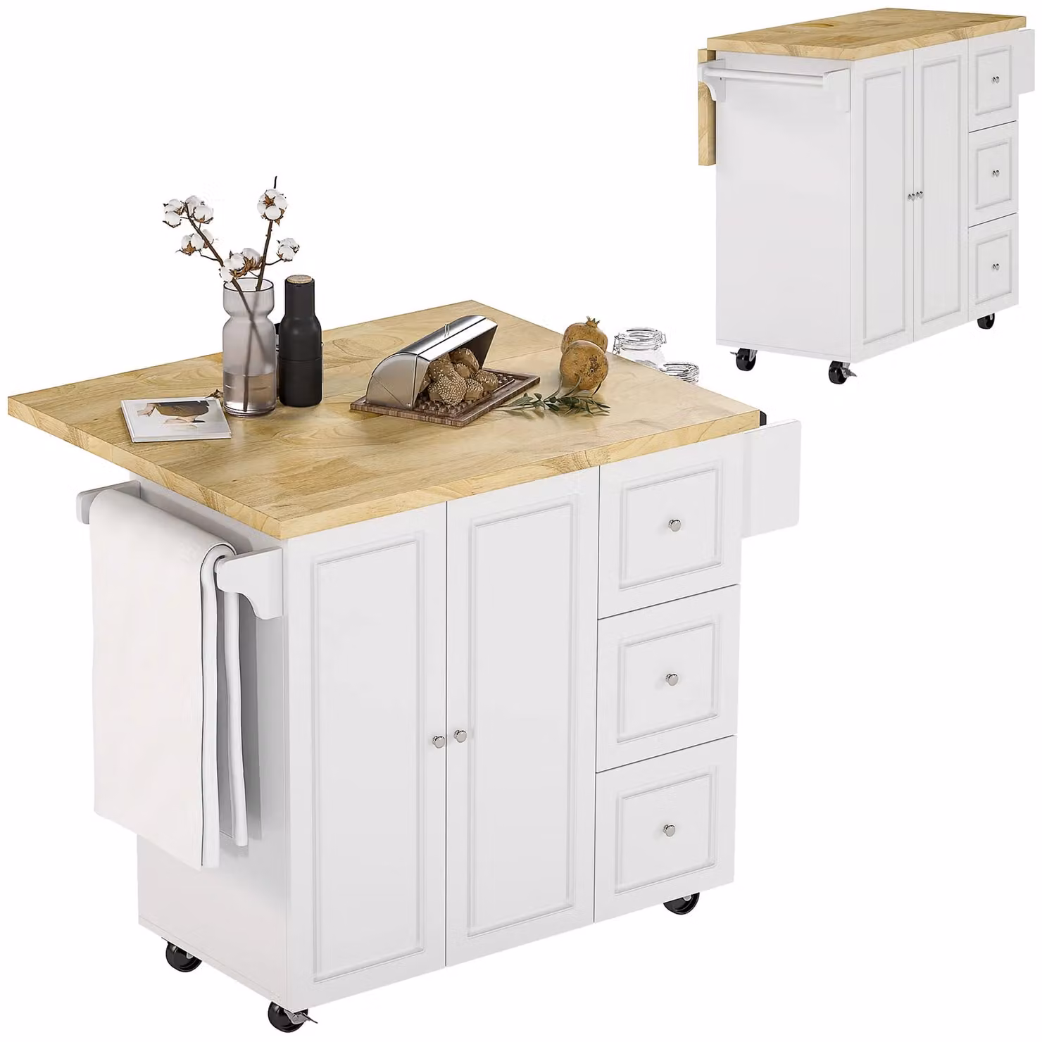 HOMCOM White Drop Leaf Kitchen Island on Wheels with Utility Storage Drawers – 2