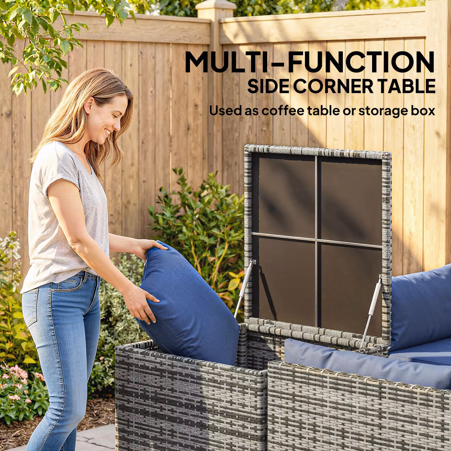 Outsunny 4 Piece Rattan Garden Furniture Set in Dark Blue with L-Shape Corner Sofa, 2 Seater, Ottoman and Coffee Table with Cushions – 4