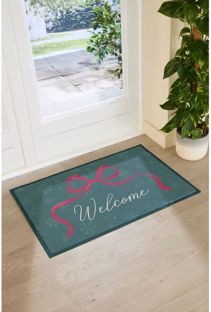 Artsy Mats Winter Bow Christmas Welcome Doormat, Green, Rectangular, Non-Slip and Washable