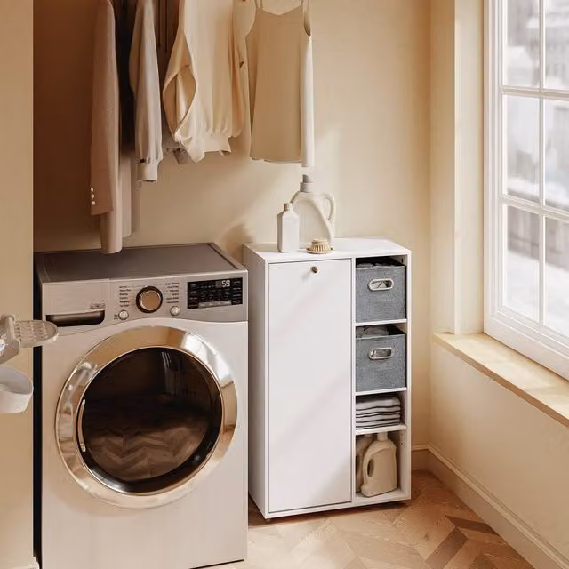 SoBuy Modern White Matt Freestanding Bathroom Cabinet with Hinged Doors, Internal Shelves and Hanging Rod