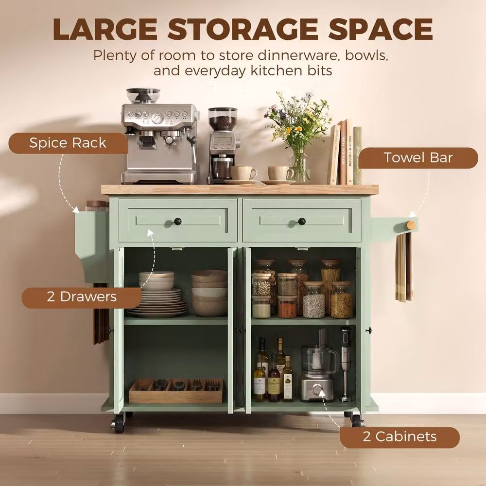 HOMCOM Modern Rolling Kitchen Island Cart with Rubberwood Top in Light Green – 3