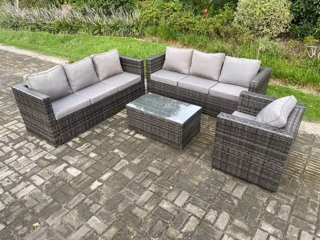 Fimous 7 Seater Rattan Garden Furniture Set in Dark Grey with Upholstered Cushions and Coffee Table – 1