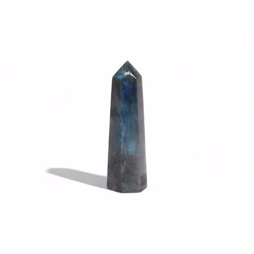 KDMD Madagascar Labradorite Point in Blue, Green and Gold, H 10 cm x W 2.8 cm – 1