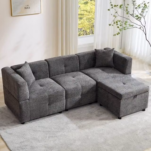 ModernLuxe Grey 3 Seater L-Shape Fabric Sofa with Removable Storage Ottoman and Scatter Cushions