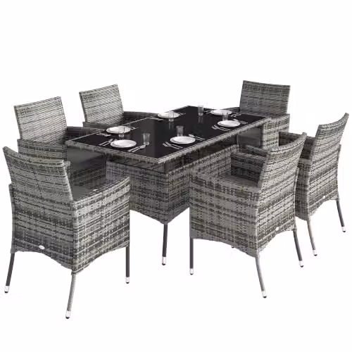 Outsunny 7-Piece Grey Polyrattan Garden Furniture Dining Set with Glass Table – 6