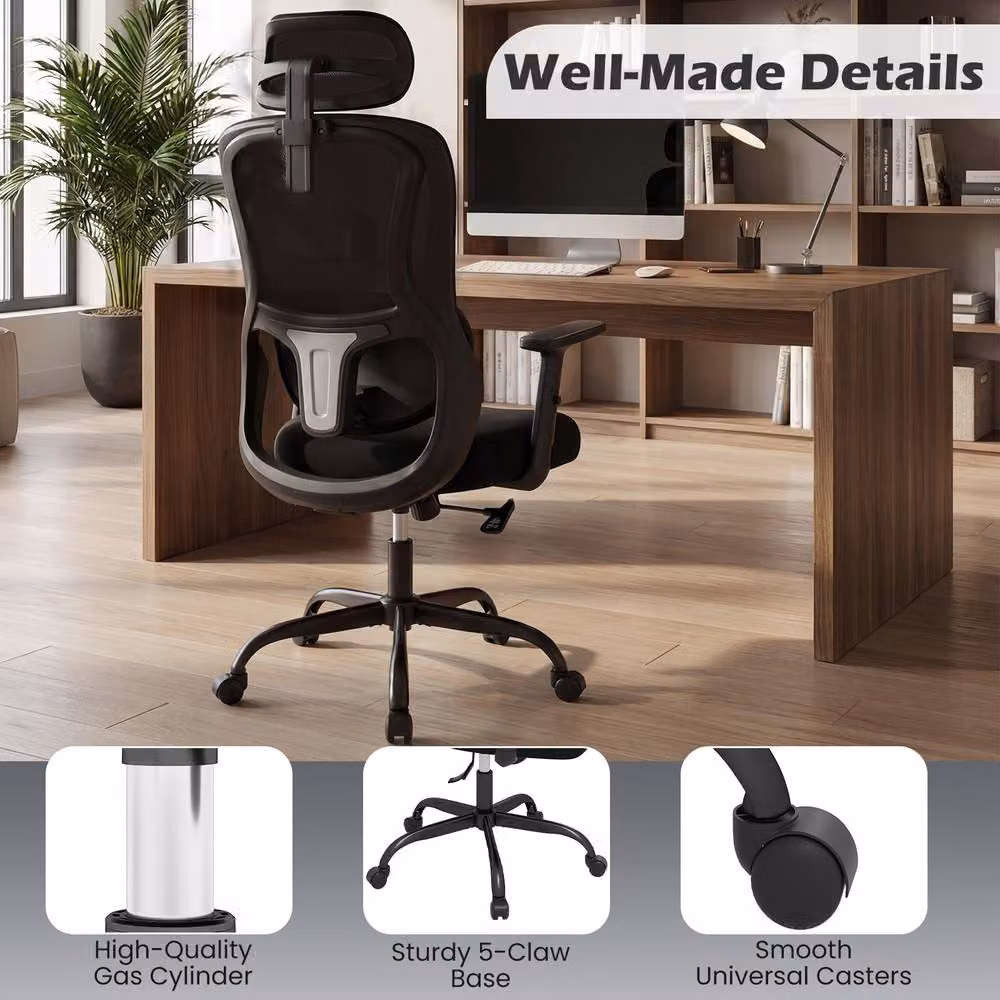 Gymax Ergonomic High Back Office Chair with Headrest, Lumbar Support and Armrests in Black Fabric – 6