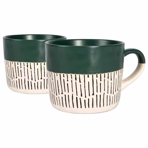 Nicola Spring Dipped Dash Stoneware Coffee Mugs, 475ml, Green, Pack of 2 – 1