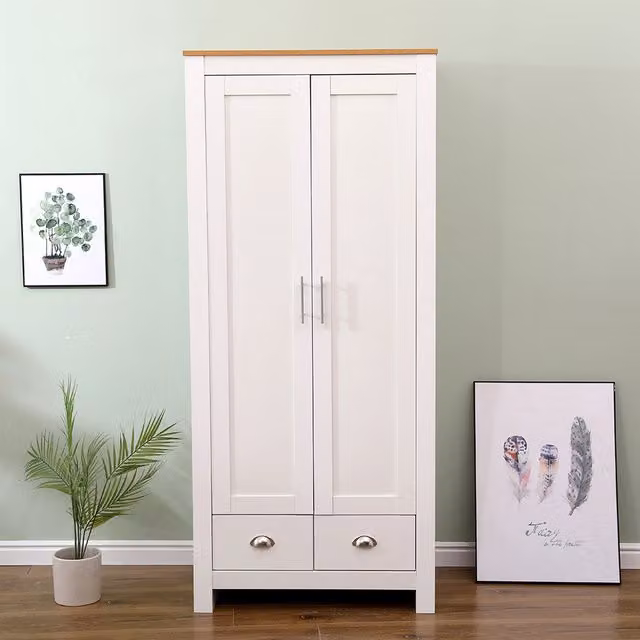 HMD Modern White and Oak Freestanding Bedroom Wardrobe with Hinged Doors and Internal Drawers