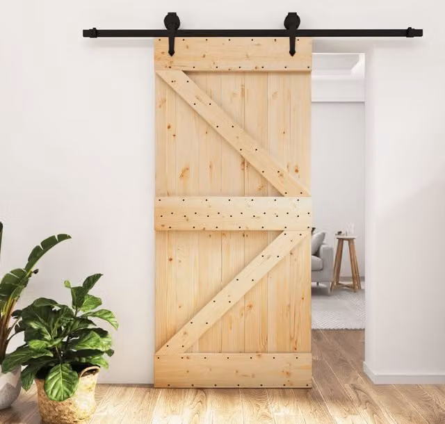 Berkfield Home Modern Sliding Door with Hardware Set, Solid Wood and Steel, Brown, W: 95 cm, H: 210 cm