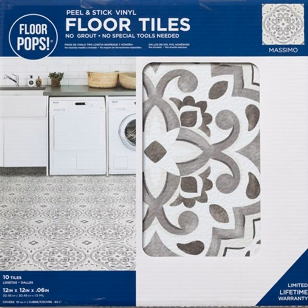 FloorPops Massimo Self Adhesive Vinyl Floor Tiles, Grey, Pack of 10 (0.93sqm), W/D/H: 30.48 x 30.48 x 30.48 cm – 2