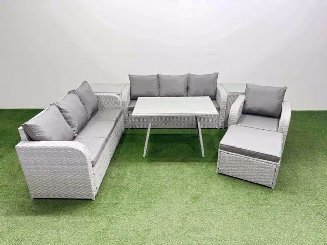 Fimous 7 Piece Grey PE Rattan Garden Furniture Set with 3 Seater Sofa, Armchairs, Ottoman and Side Tables