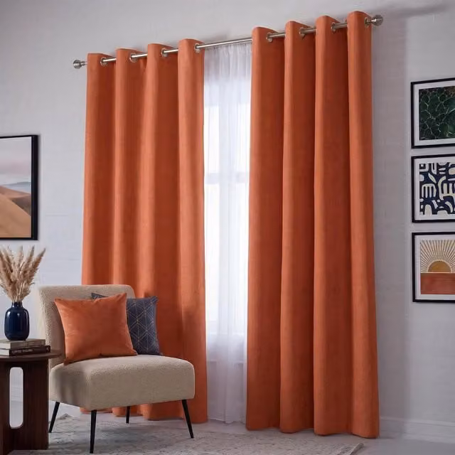 Livinluxury Orange Velvet Chenille Eyelet Ring Top Curtains, Width: 183 cm