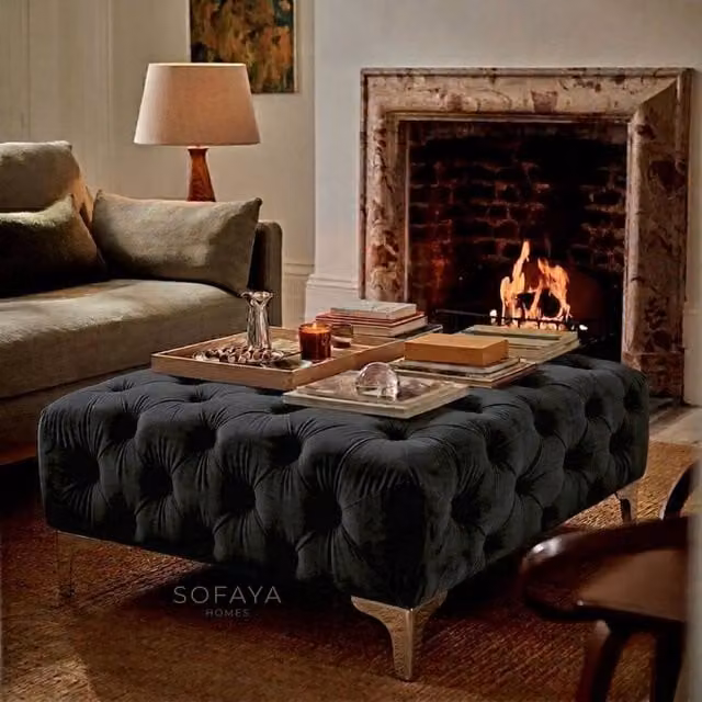 Sofaya Monaco Chesterfield Velvet Foot Stool and Coffee Table in Black, W: 100 cm, D: 80 cm